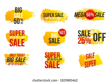 Mega sale, creative flyer. Big sale banner, best offer. Mega discount with painted trendy gradient brush strokes for advertising labels, stickers, banners, leaflets, badges, tags, posters. Vector.