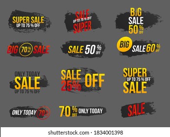 Mega venta, volante creativo. Banner de gran venta, mejor oferta. Mega descuento con pinceladas de pincel de gradiente pintadas para etiquetas publicitarias, pegatinas, pancartas, folletos, insignias, etiquetas, carteles. Vector.