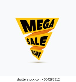 Mega sale design template. Creative banner. Vector ribbon yellow illustration, marketing price tag, discount, advertising.