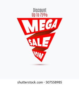 Mega sale design template. Creative banner. Vector red ribbon illustration, marketing price tag, discount, advertising. Abstract vector illustration for shopping. 