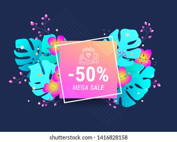 Mega sale design template for poster, web banner, flyer, greeting card. Summer promotion offer banner. Colorful flat style vector illustration with tropical leaves, exotic plants, flowers. 
