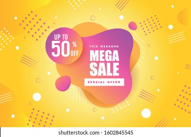 Mega sale design template. Yellow background with graphic elements. Design for social media, banner, poster, greeting card and advertising. End of season special offer.