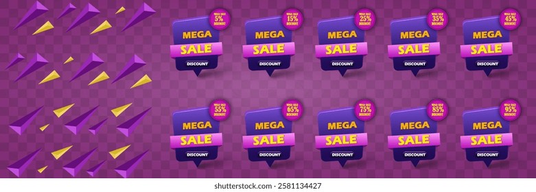 Mega sale with discount 5% 15% 25% 35% 45% 55% 65% 75% 85% 95%.   Discount banner template design.Vector illustration.EPS 10.