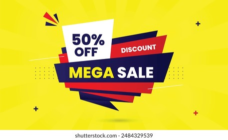 Mega sale discount 50% off banner template design with yellow background perfect for grabbing attention and boosting sales!