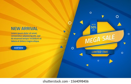 Mega sale discount banner template promotion with blue and yellow color abstract background. Simple and modern design template for use element sticker, poster, flyer, and landing page