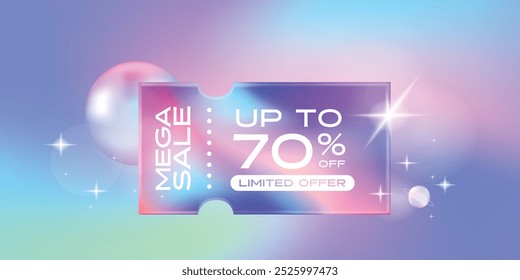 Mega sale discount holographic coupon. Gradient coupon in the galaxy concept background. illustration vector premium