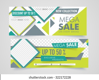 Mega Sale with discount offer,  Creative website header or banner set with space to add images.