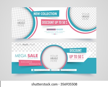 Mega Sale with discount offer, Creative website header or banner set with space to add image.