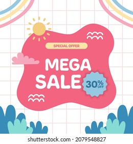 Mega Sale Discount Offer Promotion For Kid Children Baby Newborn With Pink Pastel And Fun Abstract Memphis Element