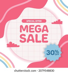 Mega sale discount offer promotion for kid children baby newborn with pink pastel and fun abstract memphis element