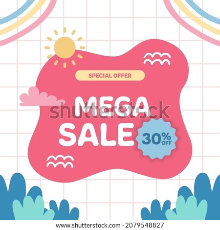 Mega sale discount offer promotion for kid children baby newborn with pink pastel and fun abstract memphis element