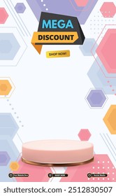 mega sale discount portait template banner with blank space 3d podium for social media post product sale with abstract gradient white background design35
