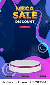 mega sale discount portait template banner with blank space 3d podium for social media post product sale with abstract gradient purple background design63