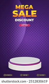 mega sale discount portait template banner with blank space 3d podium for social media post product sale with abstract gradient purple background design61