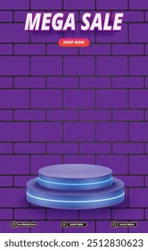mega sale discount portait template banner with blank space 3d podium for social media post product sale with abstract gradient purple background design 22