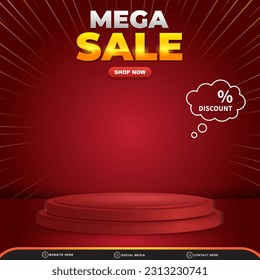 mega sale discount for social media post template banner with copy space 3d podium for product with abstract gradient red background design