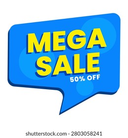 Mega sale discount speech bubble badge with yellow bold lettering and fifty percent off promotion tag