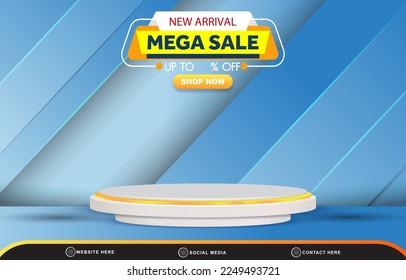 mega sale discount template banner with blank space 3d podium for product sale with abstract gradient blue background design