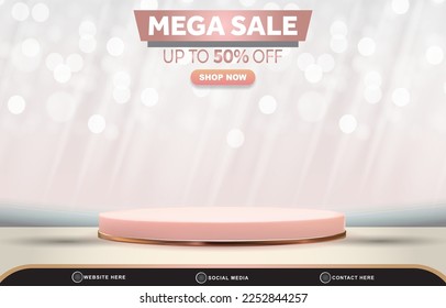 mega sale discount template banner with blank space 3d podium for product sale with abstract gradient white background design