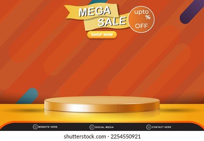 mega sale discount template banner with blank space 3d podium for product sale with abstract gradient brown and orange background design