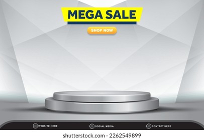 mega sale discount template banner with blank space 3d podium for product sale with abstract gradient white and grey background design