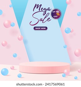 mega sale discount template banner with blank space 3d podium for product sale with abstract gradient pink and blue background design