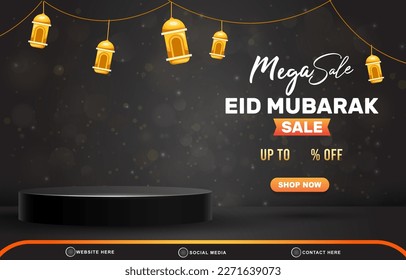 mega venta eid mubarak descuento tentador banner con espacio en blanco 3d podio para venta de producto con degradado abstracto diseño de fondo negro
