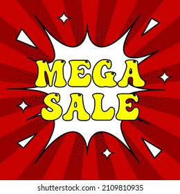Mega Verkauf Ausdruck Text im Retro-Pop-Art-Stil. Vorlage für Werbung, Hot-Deal, Werbegestaltung. Vektorgrafik.