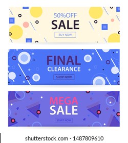 Mega sale, Final clearance, 50% off banners set with hipster fashion geometric patterns 80s-90s, vector illustration in Memphis style. Can be used for web page, header, ad. Design templates 