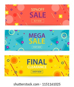 Mega sale and Final clearance banners set with hipster fashion geometric patterns 80s-90s, vector illustration in Memphis style. Can be used for web, page, header, ad, invitation. Design templates