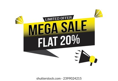Diseño de plantilla "Mega Sale Flat 20%". Mega venta plantilla de diseño de pancarta para medios sociales y sitios web con una burbuja de discurso de altavoz en fondo blanco. Felices Fiestas. Formato editable EPS.