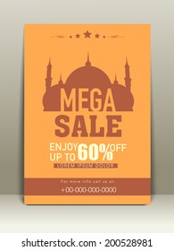 Mega Sale flyer or template with mosque design on occasion of muslim community festival Eid Mubarak. 