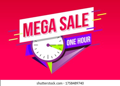 Mega sale geometric sticker. Countdown banner for final sale with special offer. Sale tag template. Promo sticker with one hour left.