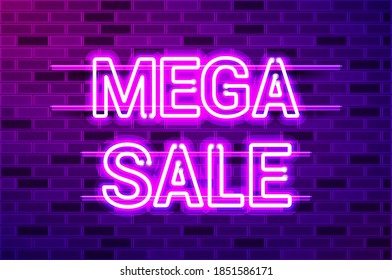 MEGA SALE glowing neon lamp sign. Realistic vector illustration. Purple brick wall, violet glow, metal holders.