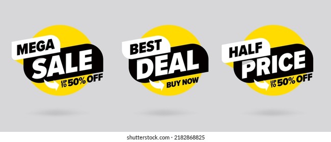 Mega sale half price best deal promotion tag set. Price reduction offer label design collection. Black, yellow and white sale message stickers templates vector illustration