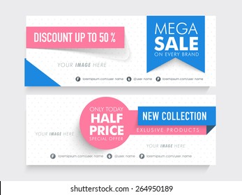 Mega Sale with half price special offer on new collection, creative website header or banner set with place holder. 