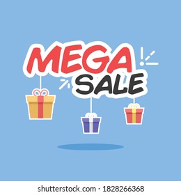 Titular de mega venta con vectores de cajas de regalo aislado en azul bueno para campaña