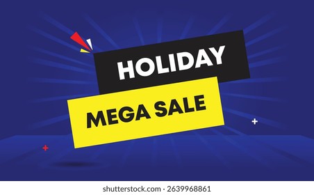 Mega Sale holiday web banner vector art illustration icon label badge template design with black gray yellow shapes blue sunshine abstract background modern trendy unique stylish creative vibrant