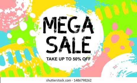 Mega sale horizontal banner. Vector illustration isolated on a modern,abstract grunge background. Perfect for website, badge, poster, cover, booklet, print, flyer, blank, card, ad.