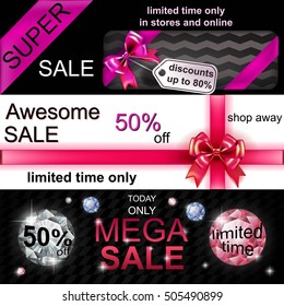 Mega Sale. Horizontal banners for the sale ads with realistic gift boxes and diamond, bows and ribbons