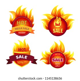 Mega sale hot discounts, best offer 50 percent off set of round labels with fire flame isolated vector. Clearance badge, burning promo icon in heat sparkles