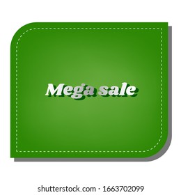 Mega venta de inscripción. Icono de línea de gradiente plateado con sombra verde oscuro en hoja verde con parches ecológicos. Ilustración.