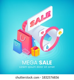 Mega Sale isometric advertising banner concept with 3d bullhorn, promotion sale sticker, shopping bags, gift, social media icons on blue. Flat vector illustration for web, mobile app, infographics.