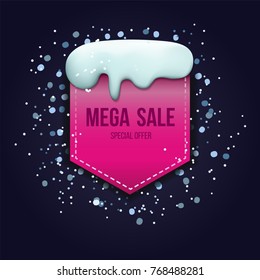 Mega sale label design template with snow. Special offer new year illustration