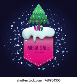 Mega sale label design template. Decoration Christmas tree with packaging gifts