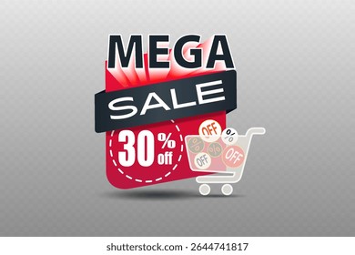 Mega etiqueta de la venta con la tipografía atrevida moderna y el ícono del Carrito de compras para la comercialización y la promoción de la tienda