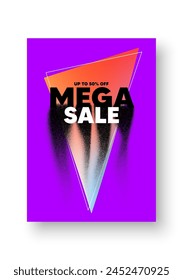 Mega sale layout template design. Poster design with abstract shapes. Purple banner with noise grain dots. Discounts offer flyer, Mega sale event poster. Vector illustration