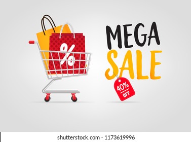 Mega sale lettering with shopping bags in cart. Offer or sale advertising design. Typed text, calligraphy. For leaflets, brochures, invitations, posters or banners.