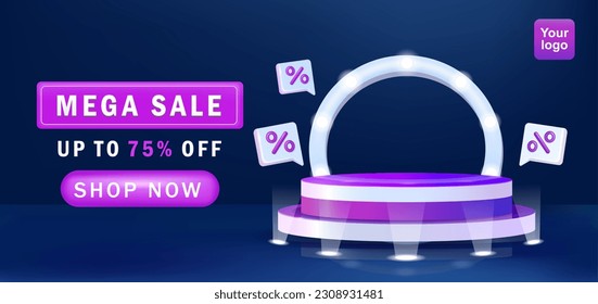 Mega Sale. Light effect, and 3d discound word balloon element. Purple podium with flashing lights behind. Suitable for ad templates