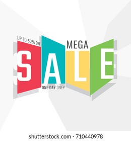 Mega Sale Logo Cut in Distorted Rectangles with One Day Only Lettering Shopping Creative Concept - Green Red Turquoise and Yellow Elements on White Polygonal Background - Vector Flat Graphic Design